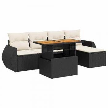 6-Piece Black Poly Rattan Garden Sofa Set with Cushions