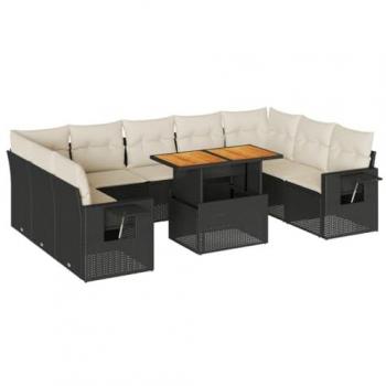 10-Piece Black Poly Rattan Garden Sofa Set with Cushions