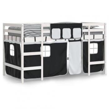 Cama alta niños con cortinas madera pino blanco negro 80x200 cm