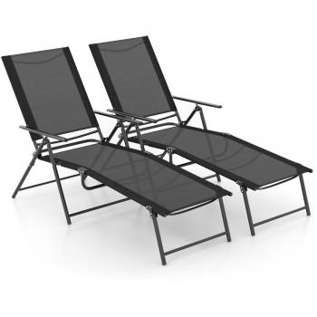 Folding Chaise Lounge Chairs Set of 2 with 6-Level Backrest Reclining - Black