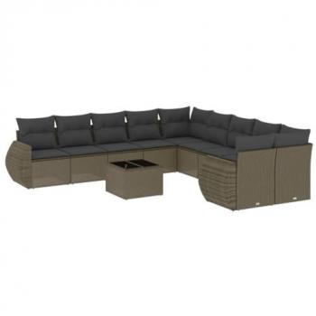 Set de Sofás de Jardín 11 pzas con Cojines, Ratán Sintético Gris, Asientos con Respaldos, Sofás Modulares, Muebles para Patio Terraza