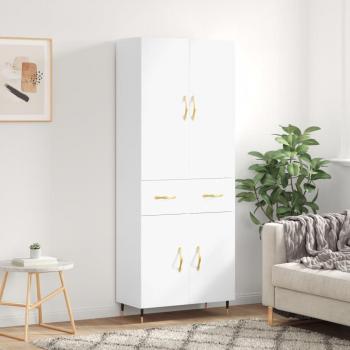 Aparador alto de madera contrachapada blanco 69,5x34x180 cm con 2 puertas y 2 cajones, mueble de almacenaje para salón, buffet y armario auxiliar