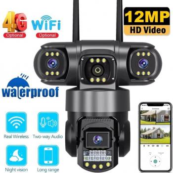 Cámara de seguridad WiFi HD 12MP con 3 lentes, protección inteligente, vigilancia para el hogar y exterior, a prueba de agua