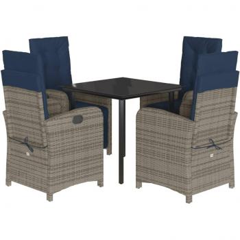 5-Piece Grey Poly Rattan Garden Dining Set with Cushions