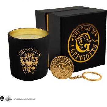 Set de vela aromática Harry Potter Gringott con llavero, incluye fragancia mágica inspirada en el mundo de Harry Potter, diseño exclusivo de Gringotts, tamaño compacto ideal para decoración y regalo