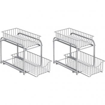 Organizador de cocina apilable de 2 niveles con estantería extraíble para armario, incluye cajones, ideal para bajo el fregadero, disponible en negro o plata