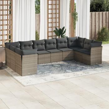 10-Piece Grey Poly Rattan Garden Sofa Set with Cushions