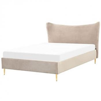 Cama Doble Tapizada en Terciopelo Taupe 140x200 cm con Estructura de Metal y Cabecero Moderno