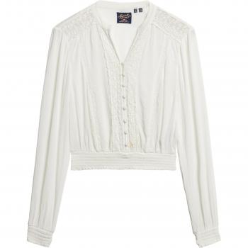 Superdry Women's Ecru Long Sleeve Lace Trim Smocked Blouse XS