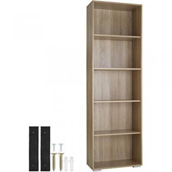 Estantería Tectake Lexi 5 compartimentos 60 x 30 x 190 cm, librería elegante con cinco compartimentos, construcción estable y segura, patas de plástico protectoras, mueble de almacenaje versátil en madera