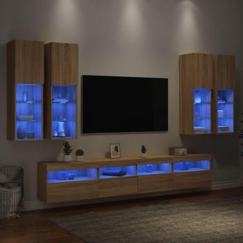 Muebles de pared para TV 7 piezas con luces LED en roble Sonoma Marrón
