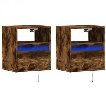 Mesitas de noche de pared con luces LED 2 uds roble ahumado
