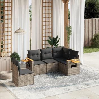5-Piece Grey Poly Rattan Garden Sofa Set with Cushions