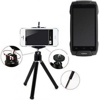 Smartphone trípode / soporte móvil / trípode como para Cyrus CS 30. Trípode de aluminio / trípode con soporte para el teléfono móvil, universal para todos los teléfonos inteligentes y las cámaras comunes. De color negro. Aferrarse trípode adapta