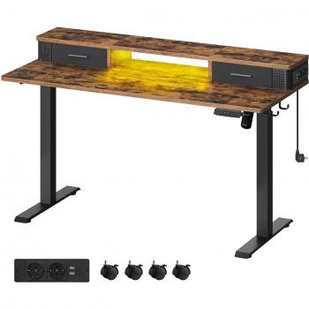 Escritorio Eléctrico Regulable 60x140cm, Altura Ajustable Sin Escalonamiento, Soporte para Monitor, Gancho, Función Memoria, Marrón Rústico / Blanco Nube / Roble