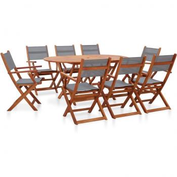 Set de comedor de jardín 9 piezas madera eucalipto textilene gris
