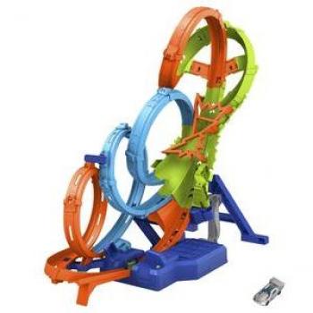 Pista Hot Wheels Action Colisión de 4 Loopings, plegable por la mitad con asa para almacenamiento y transporte