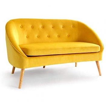 Sofá cama Sonia de terciopelo amarillo retro chic con patas de madera
