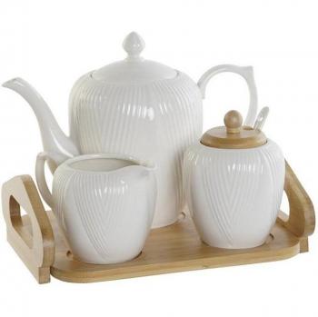 Set de Tetera de Porcelana con Bandeja de Bambú - 4 Piezas, Blanco 24x20x7 cm