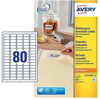 Avery España L4732REV-25 - Pack de 25 Folios de Etiquetas despegables, 35.6 x 16.9 mm, Color Blanco
