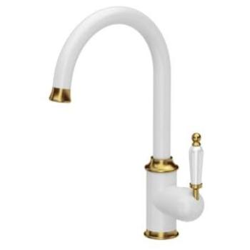 Grifo de Cocina Mezclador Quadron Rachel SteelQ 360° con Función QFix, Color Blanco, Altura 33 cm, Acabado PVD Dorado