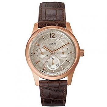 Guess Men's Quartz Watch with Beige Dial Analogue Display and Brown Leather Bracelet W0475G2