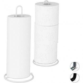 Set de 2 Porta Rollos de Cocina y Papel Higiénico, Metálico, Blanco, Alto 32 cm x Diámetro 13 cm