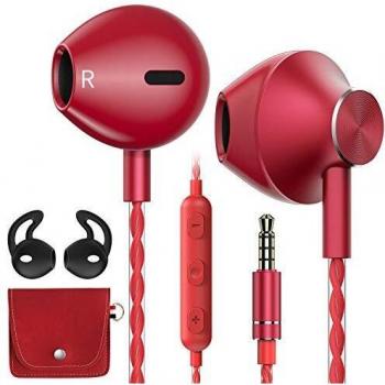 AzukiLife Auriculares In Ear, Auriculares con Cable y Micrófono Headphone Sonido Estéreo para Android, Smartphone, Samsung, Laptop, MP3,Tablets - Rojo