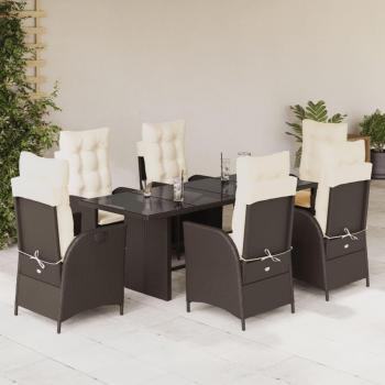 7-Piece Brown Poly Rattan Garden Dining Set with Cushions
