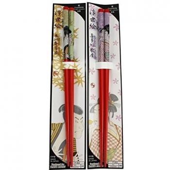2 pares Set de japonés Ukiyo-e palillos, Macho y Hembra Designs by Sharaku toshusai/Utamaro Kitagawa; Rojo, UK STOCK