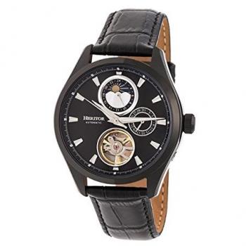 Heritor Automatic Sebastian Black Semi-Skeleton Leather Watch with Date and Moon Phase