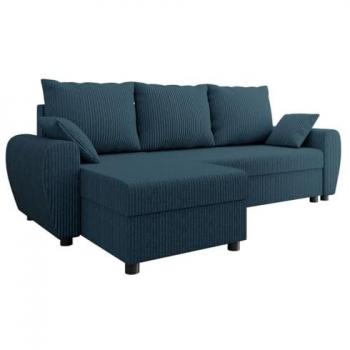 Sofá rinconero Memphis 123, azul, con función de descanso y caja de ropa de cama, dimensiones 242x139x83cm