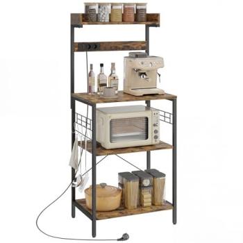 Estantería de Cocina HOMCOM con 2 Tomacorrientes, Estación de Café, Estante para Microondas, Ajustable y Ganchos, 60x42x137 cm, Marrón Rústico y Negro