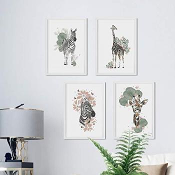 Set de Posters A4 de Animales de la Jungla - Diseño Cebra y Jirafa con Flores y Plantas