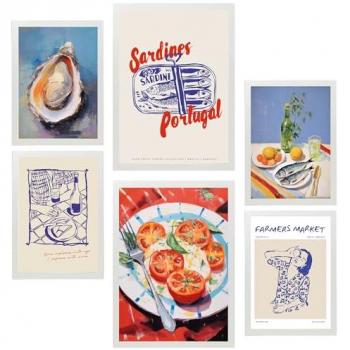 Set de 6 Pósters Pop Art de Alimentos Mediterráneos para Decoración de Paredes (A3 y A4) Sin Marco