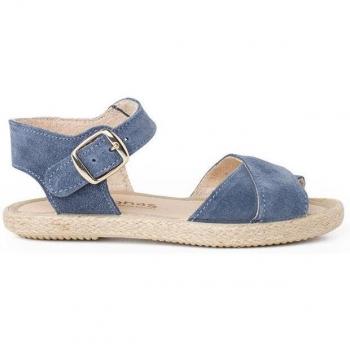 Sandalias abiertas de niña de piel serraje con tiras cruzadas y suela de yute