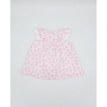 Vestido estampado flor rosa con manga volante y tira bordada