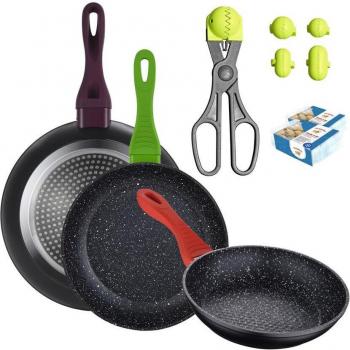 Pack de 3 sartenes de 20/24/28 cm. en aluminio forjado + utensilio multiusos con 4 moldes intercambiables y 40 bandejas de conservación – SAN IGNACIO