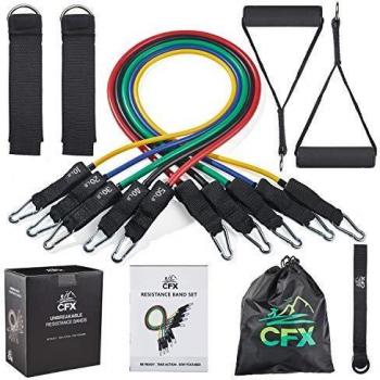 CFX Bandas Elásticas Fitness, 150lbs Bandas de Resistencia Set, 5 Tubos de Ejercicios, con Asas, Correas de Tobillo, Anclaje y Bolso, para Culturismo, Yoga, Hombre y Mujer