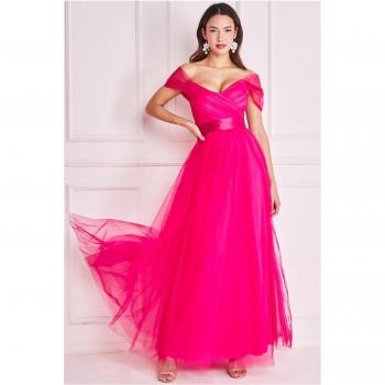 Goddiva Off The Shoulder Princess Maxi Dress - Hot Pink