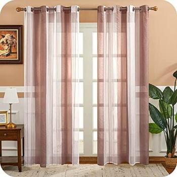 MRTREES 2 Piezas Cortinas Visillos Translúcidos Cortina Rayada de Habitacion Juvenil 140×260cm con Ojales para Ventanas Dormitorio Niño Salon Cocina Comedor Blanco+Marrón Naranja