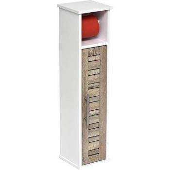 Toilet Roll Holder and Storage Cabinet with 1 Door and 1 Shelf, Oak-White Finish, 75x18x18 cm