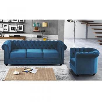 Sofá 3 plazas y sillón Chesterfield de terciopelo azul canard
