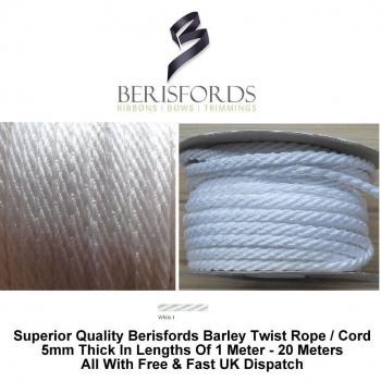 Cordón entrelazado Berisfords de 5 mm x 20 m, color blanco